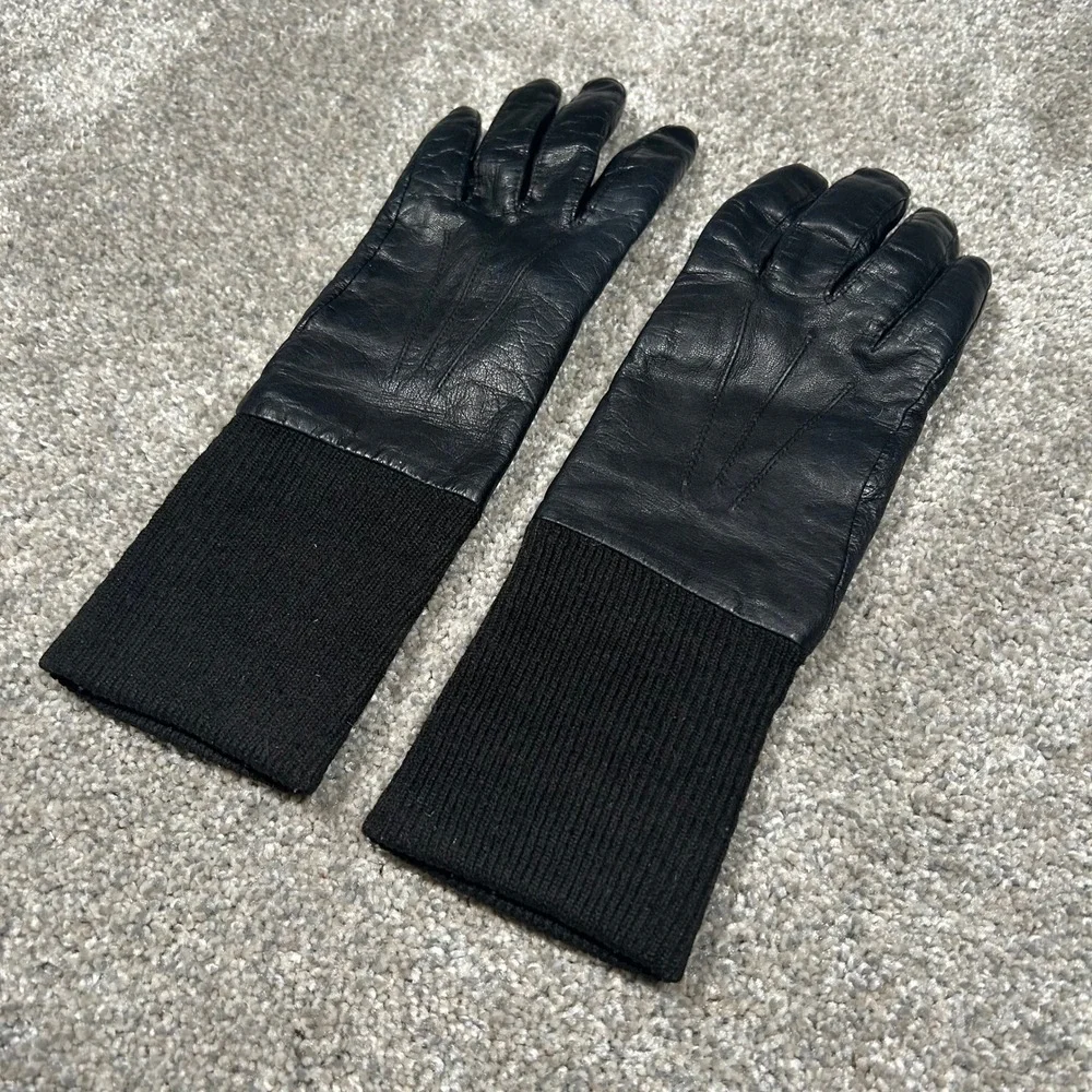 Fownes Black Genuine‎ Leather Gloves with Ribbed Knit Cuffs Size 7.5